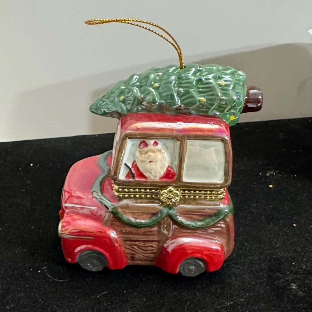 Mr. Christmas Porcelain Tree Hinged Music Box Ornament with Santa in Car